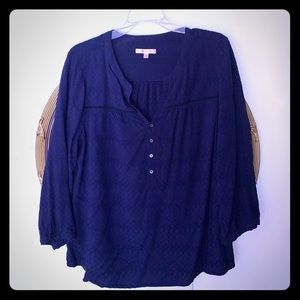 Blue 3/4 length blouse. Button top